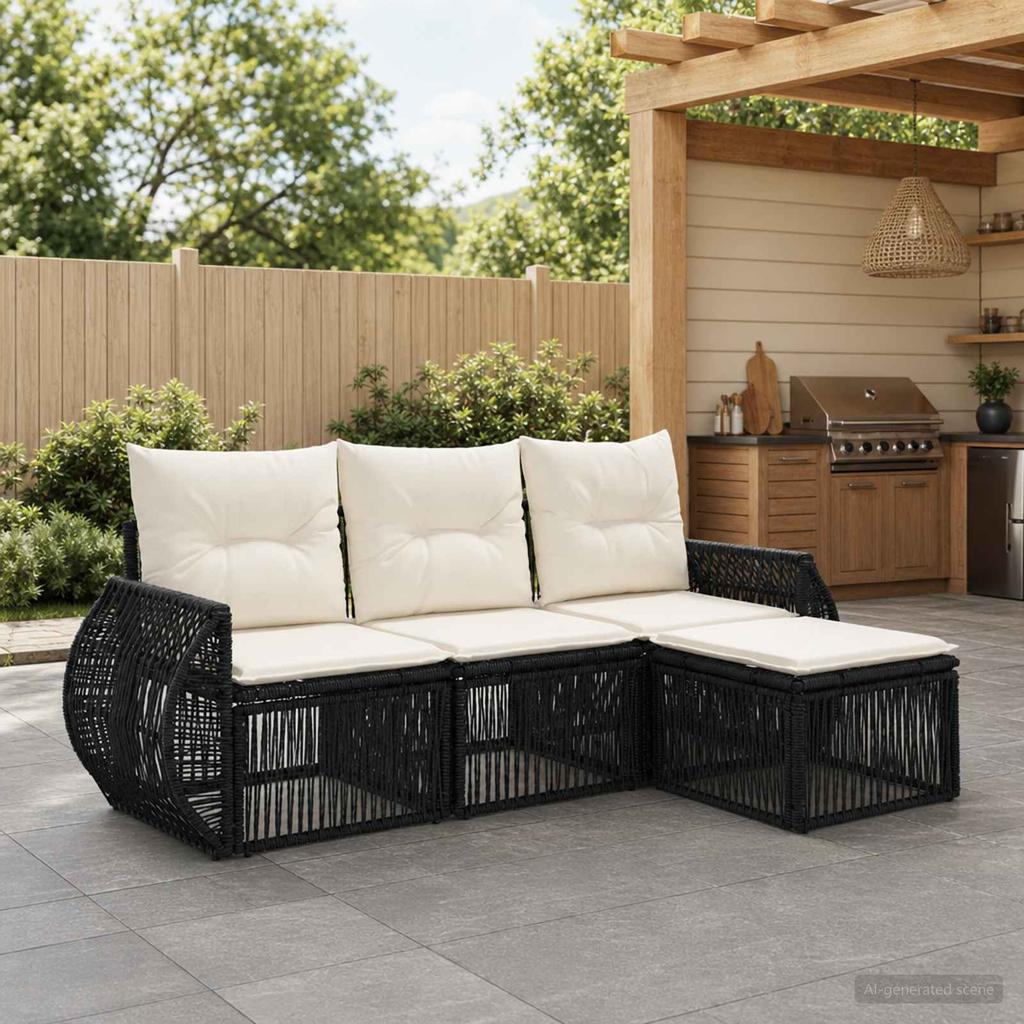 Garden Sofa Set 4 Pcs Black and Cream White Poly Rattan