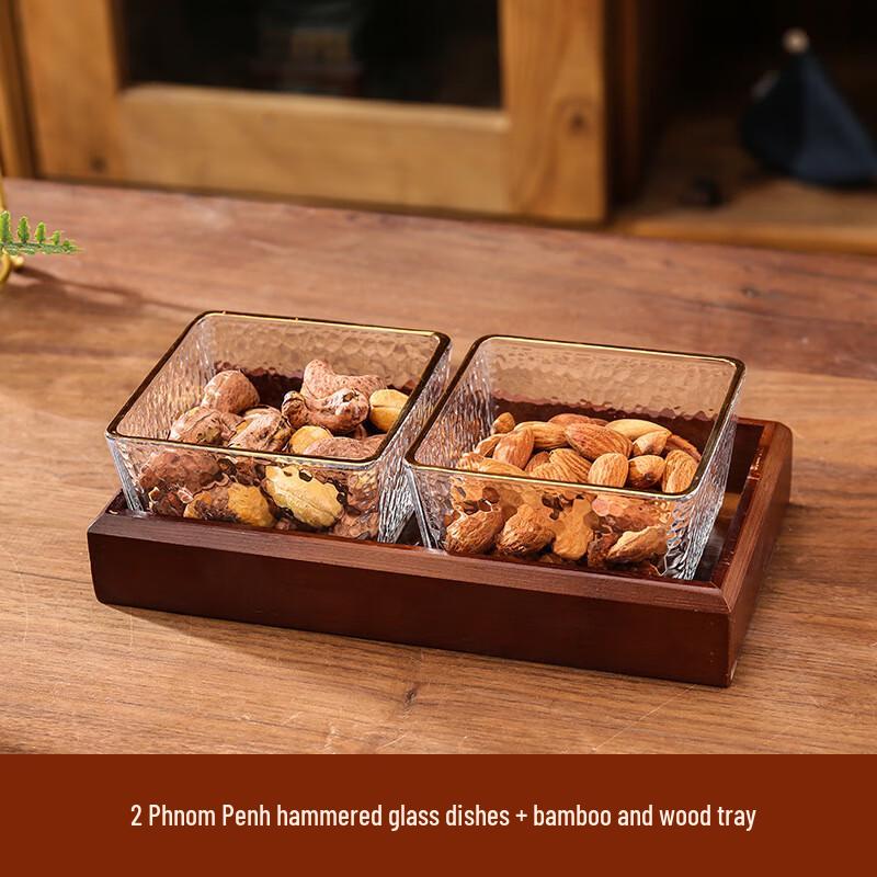 Hammered Glass Serving Dish Set with Bamboo Tray 1 Set