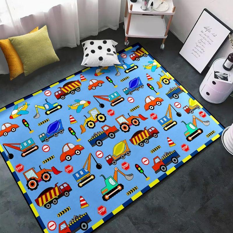 Construction Rugs for Boys Room Construction Play Non Slip Flannel Carpet for Playroom Decor Rug with Truck Tractor Print Mat