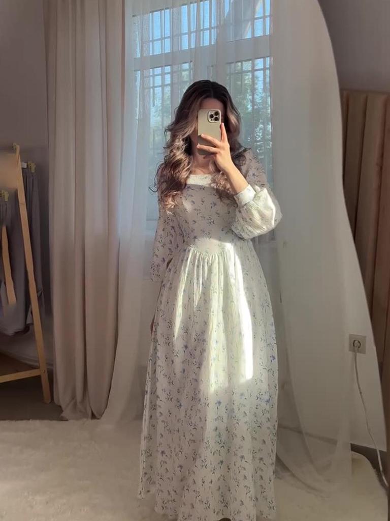 2025 Floral Fairy Intellectual Style Waist-Hugging Square Neck Tie-Up Long Dress