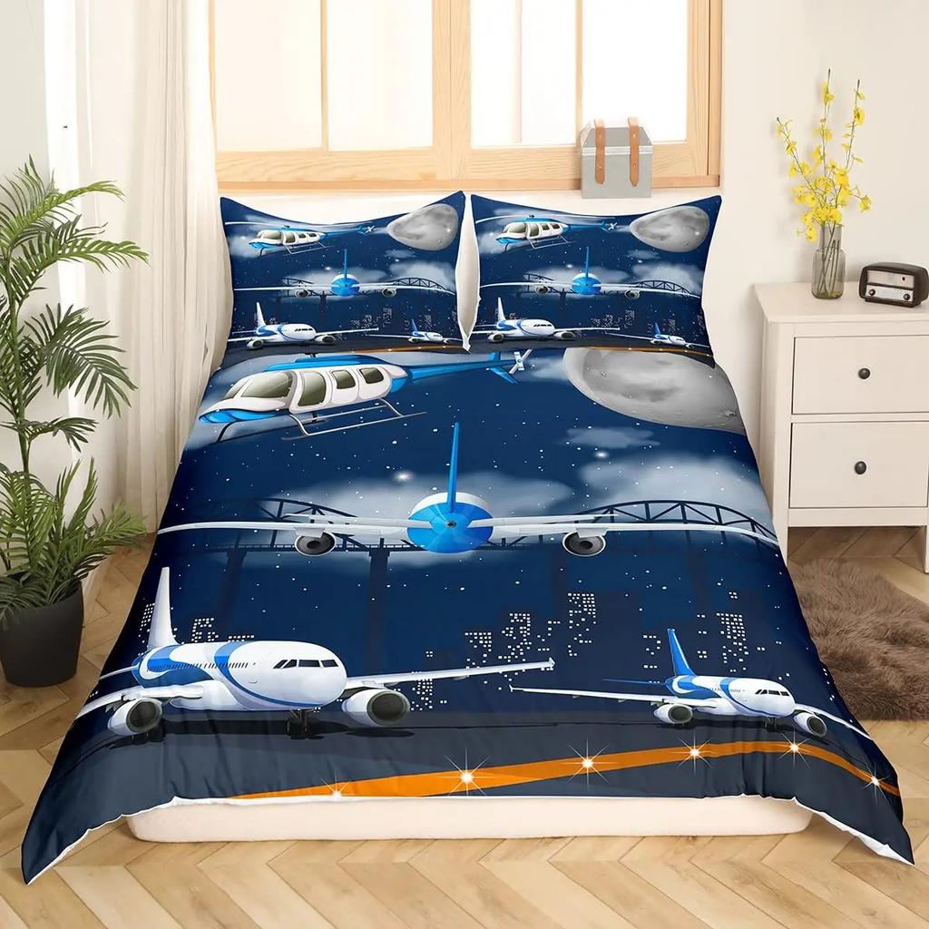 Poszwa na kołdrę z samolotami latającymi w powietrzu, lotnictwo, lotnisko, helikoptery i odrzutowce, styl kreskówkowy, dekoracja pokoju dla chłopców i dziewcząt, prezent