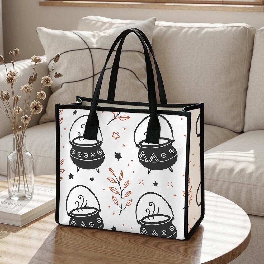 Halloween Witch Cauldron Tote Bag Cute Printed Canvas Shoulder Bag for Daily Use