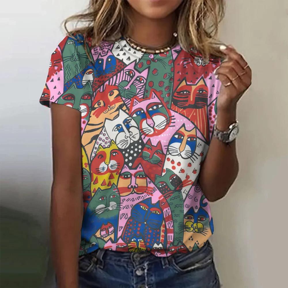Summer women's 3D cartoon cat printed T-shirt fashion top T-shirt women's casual short sleeved clothing Harajuku women's street wear