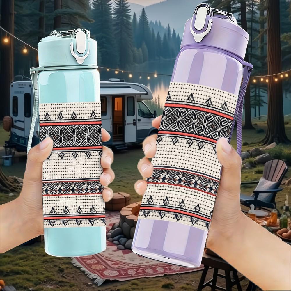 1PC Ethnic Geometric Stripe Woven Print 750ml Color Plastic Sports Water Bottle Leakproof Flip Straw Lid Suitable for Sports Office Home Use