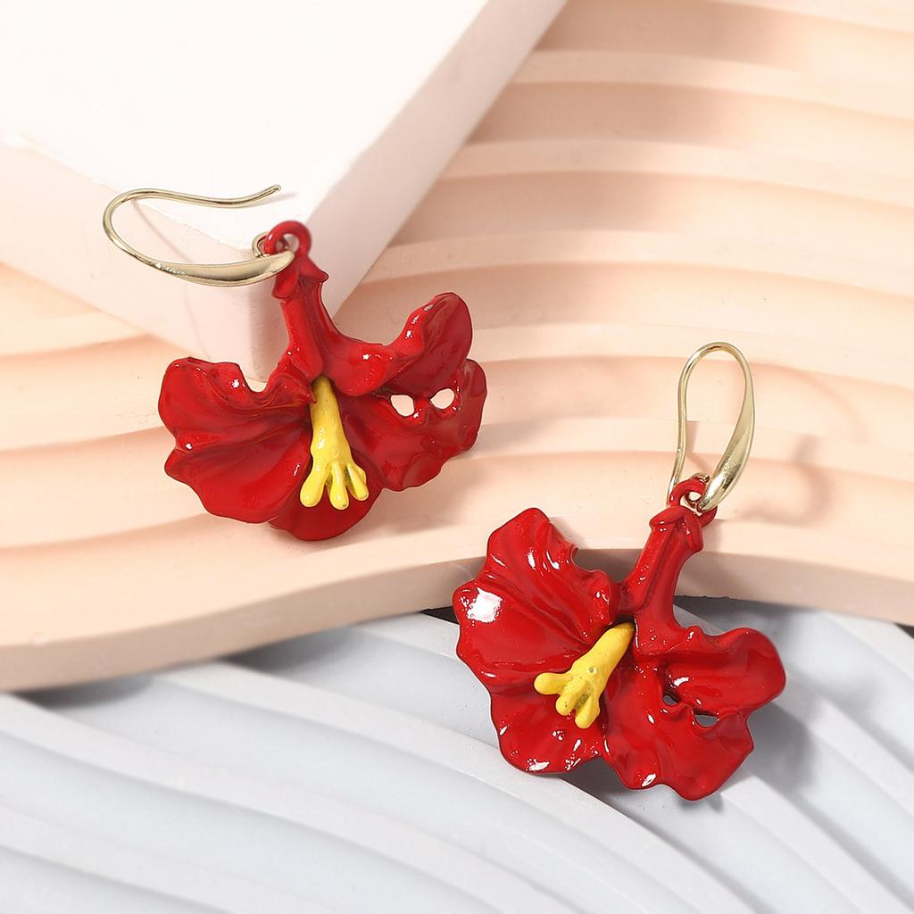 Personalized Creative Design Sense Bohemian Red Alloy Dripping Oil Morning Glory Flower Ear Hook Simple and Versatile