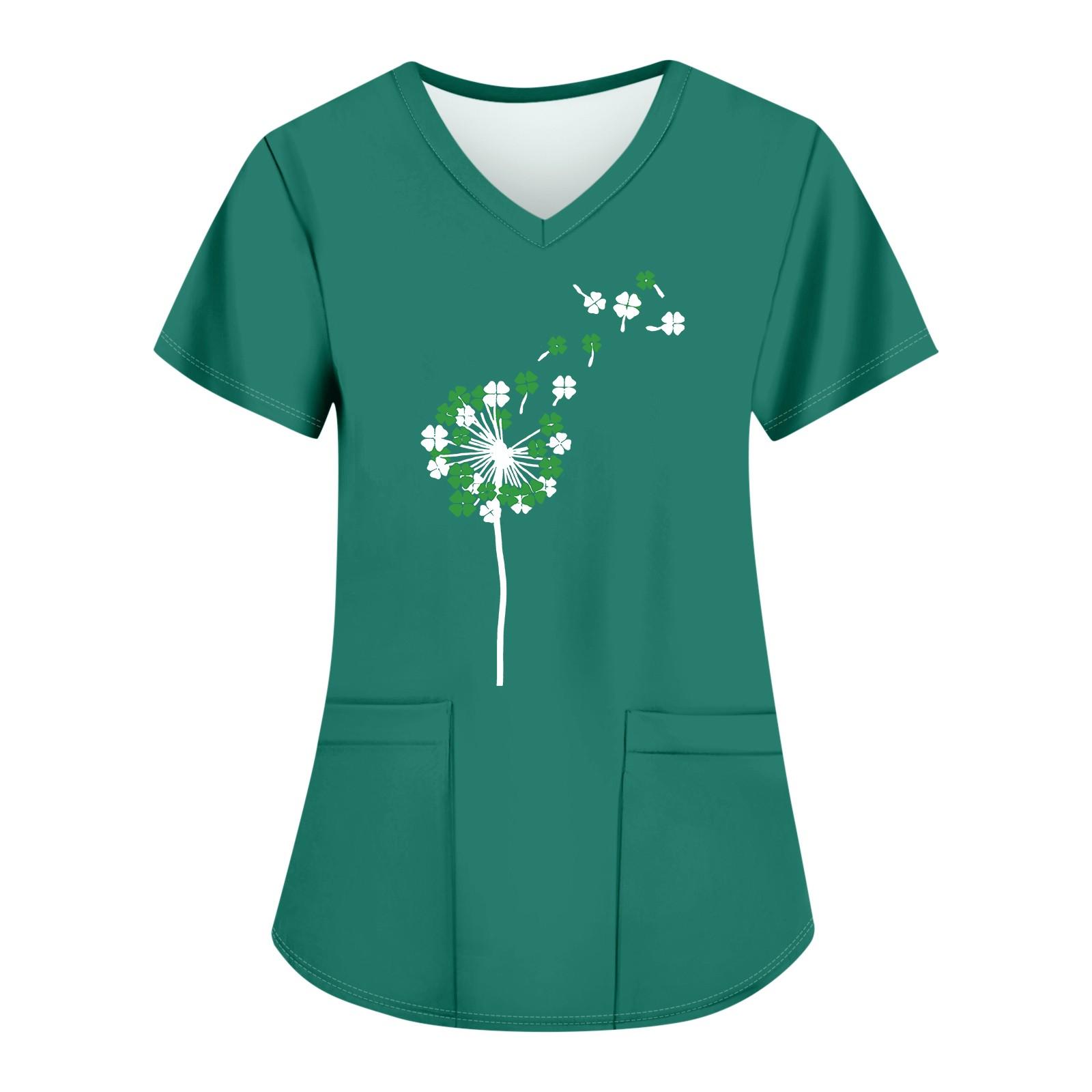 

Женские модные топы с короткими рукавами и V-образным вырезом с принтом, рабочие футболки с карманами M зелёный