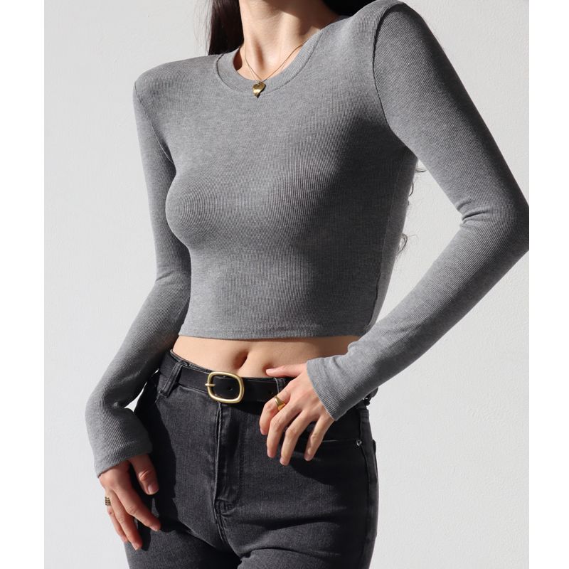 

High Waist Slim-Fit Crop-Top Pure Color Long Sleeves T-shirt Light gray S
