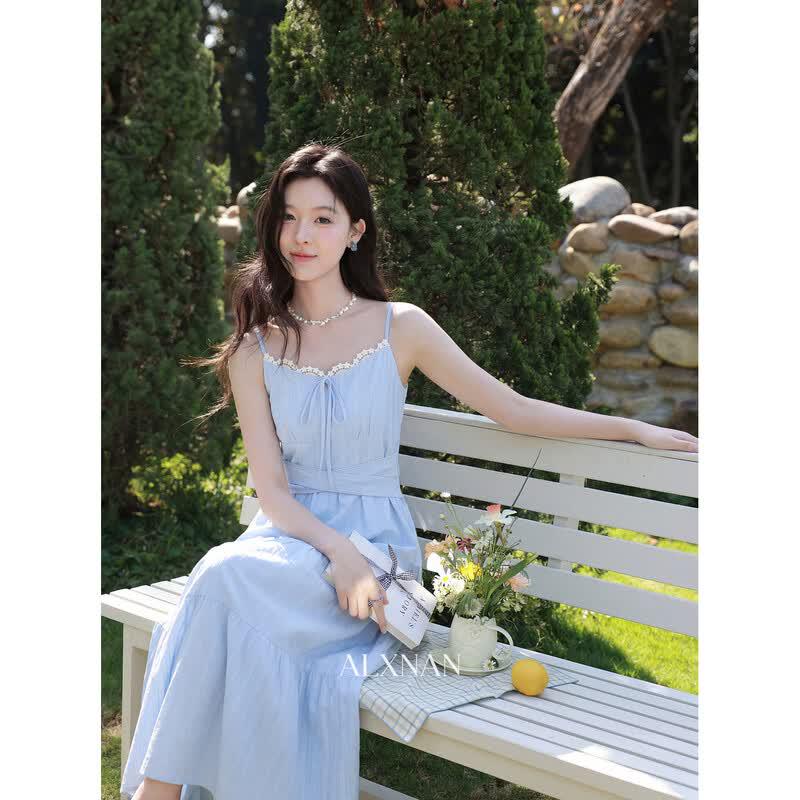 

Women s Blue A-Line Suspender Maxi Dress S
