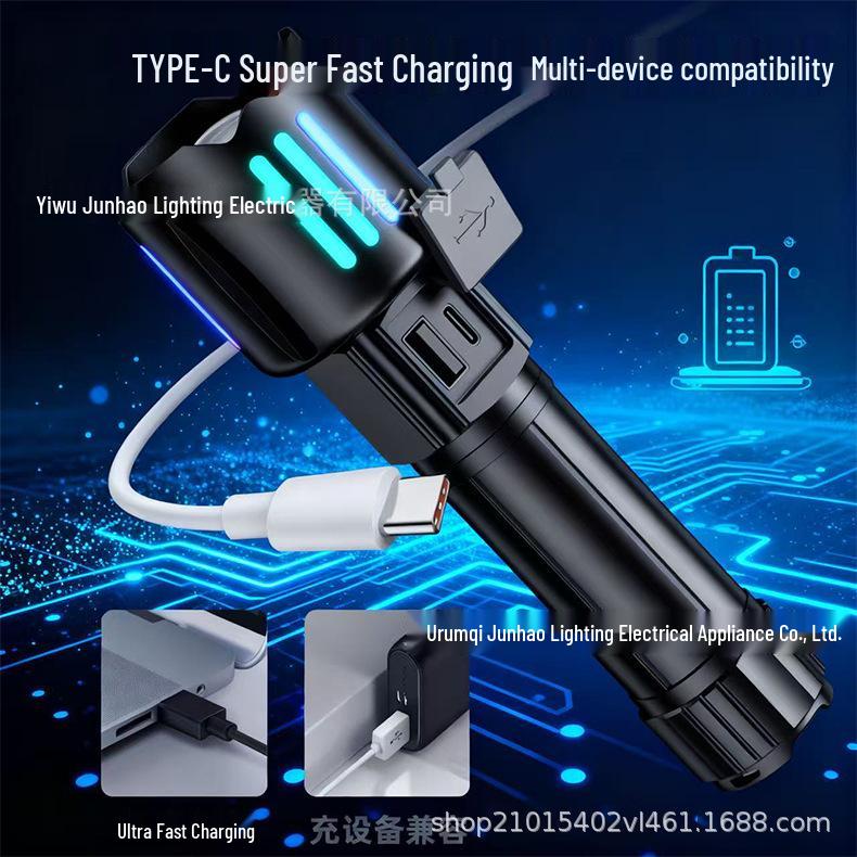Rechargeable Long-Range Portable Flashlight with Telescopic Focus and Multifunctional Charging & Laser Features
