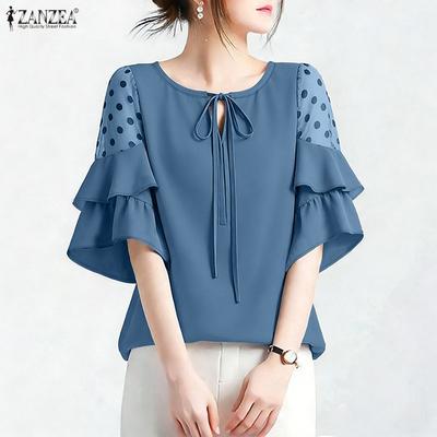 Women Casual Polka Dot Print Splice Loose Ruffles 3/4 Sleeve Blouse