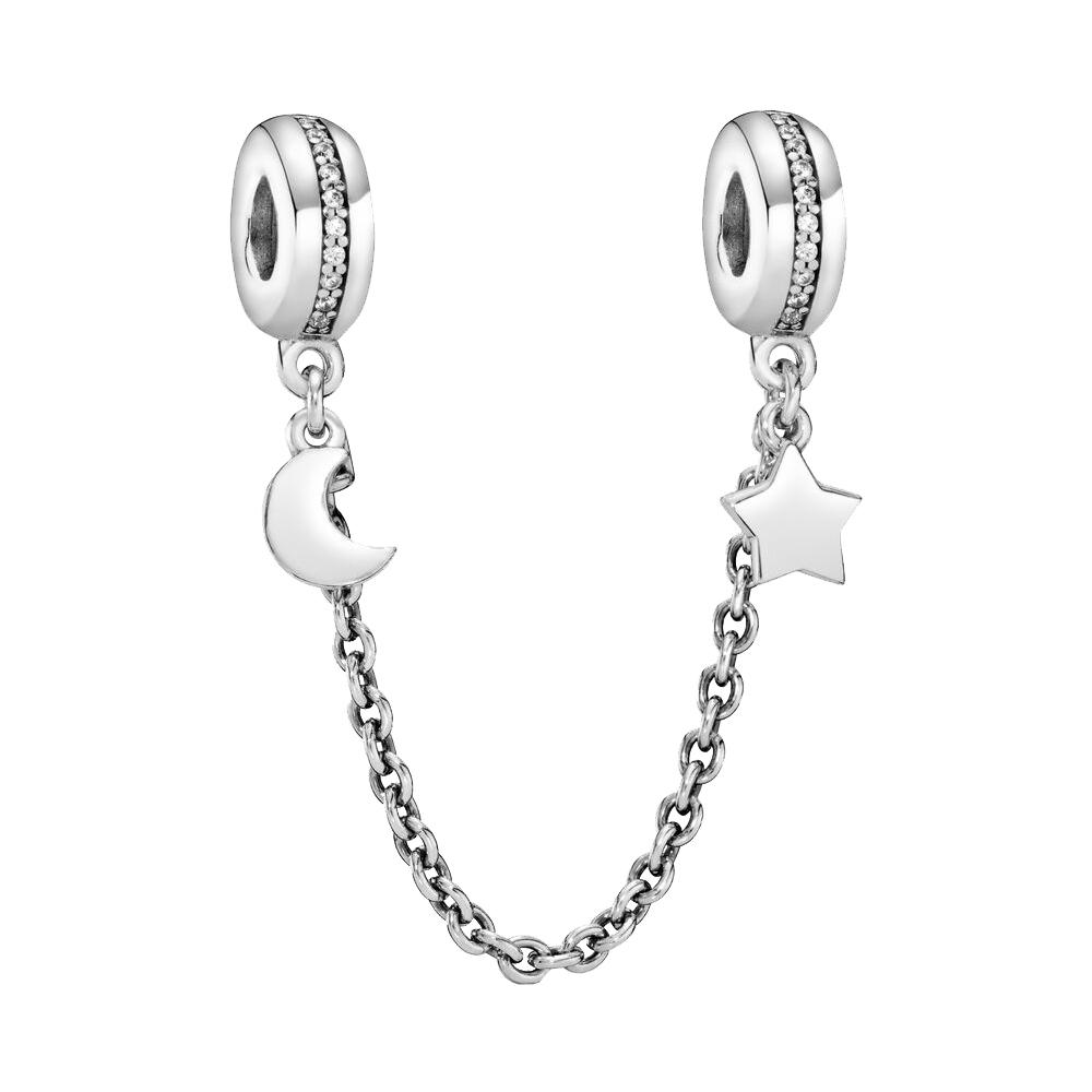 S925 Sterling Silver Half Moon and Star Safety Chains Fit Original Bracelets DIY Jewelry for Women Birthday Mother's Day Gift