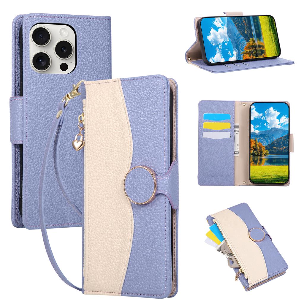 For iPhone 15 Pro Max Case Zipper Wallet Color Splicing TPU PU Leather Flip Phone Cover with Strap