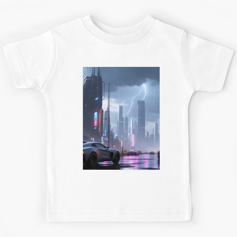 Rainy cityscape, futuristic cars, neon lights, towering buildings Kids T-Shirt 150