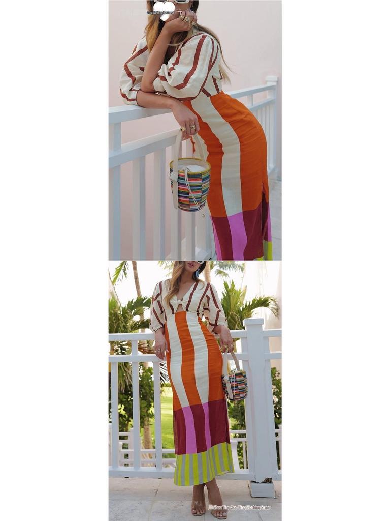 Spring/Summer 2026 European-Style Linen Print Dress - Casual Holiday Loose Fit