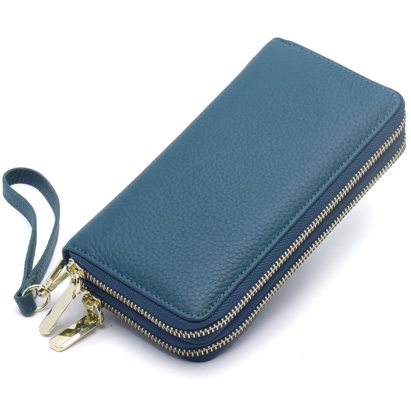 Leather clutch bag Women s clutch bag Double zipper First layer cowhide mobile phone bag Large capacity multi-compartment long wallet