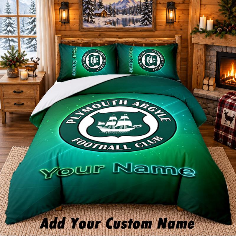 Plymouth Argyle FC Pattern Bedding 3Pcs Set Custom Name, Bed Sheet And Pillowcases For Home Bedroom