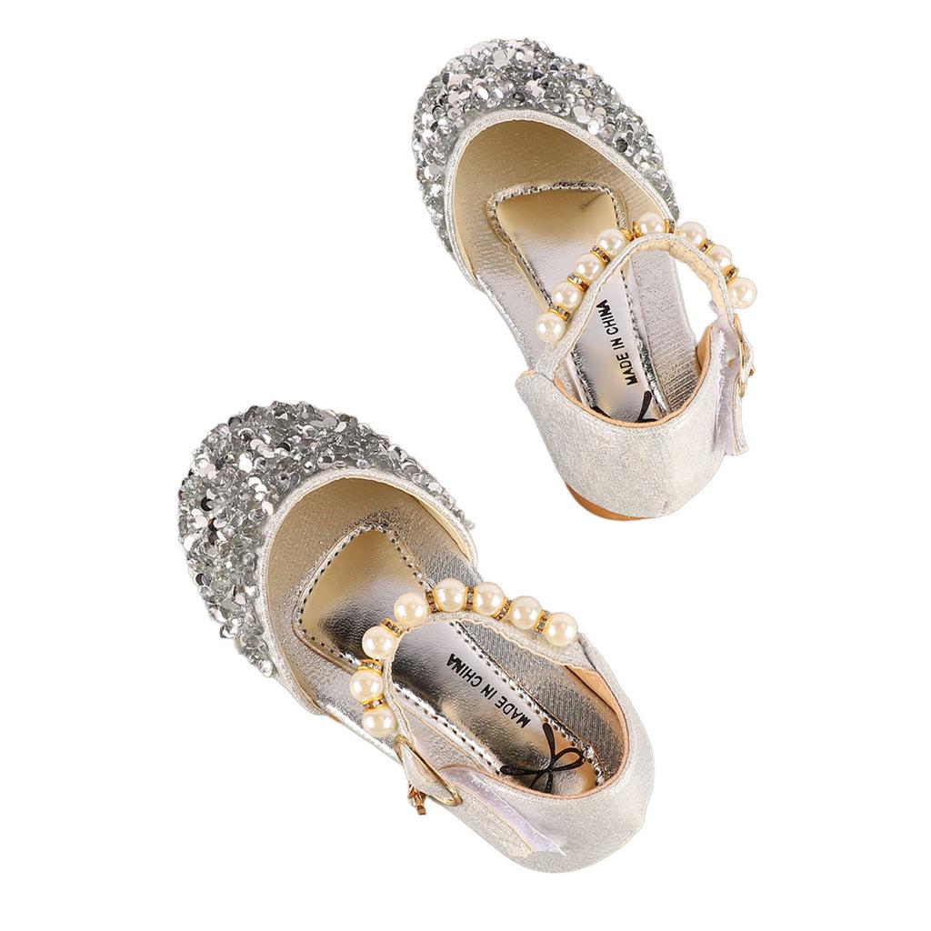 Kid Girl Sequins Faux Pearl Dress Shoes Children Fashionable PU Leather Glitter Flat Shoes for
