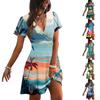 Women's Casual Hawaiian Print Short Sleeve Dress V Neck Wrap Style Lightweight Summer Beach Dress with Relaxed Fit and Above Knee Length