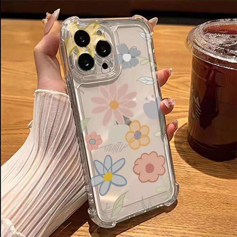 For iPhone 17 Air 11 13 15 12 14 16 Pro Max XS XR X 8 7 Plus 17E Floral And Leaf Graphics Transparent Soft TPU Phone Case Cover