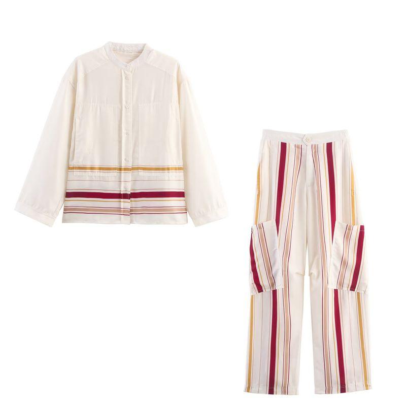 Kaslead New Women clothes Western Style Fashion Contrast Color Stripe Shirts Trousers 8046220 8050222