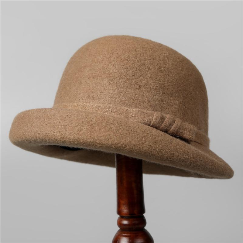 Premium Curled Woolen Hat Women's Retro Bow Bucket Hat Autumn and Winter Gold Wind Hat