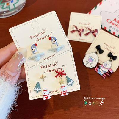 Silver Needle Schneemann Weihnachtsmann Schleife Ohrstecker - Festliches Cartoon-Design für Damen