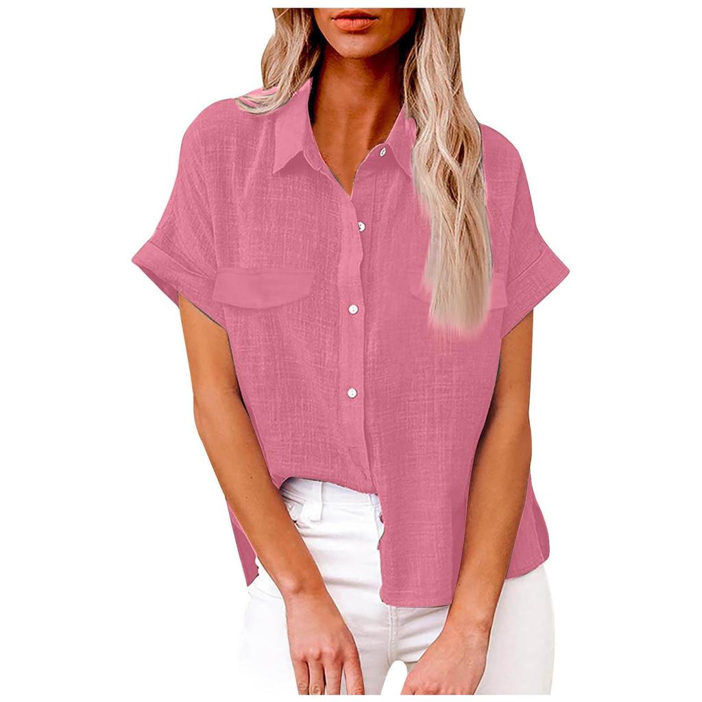 Women's Fashionable Loose-Fit Casual Shirt Button-Up Short-Sleeve Cotton-Linen Blend Top
