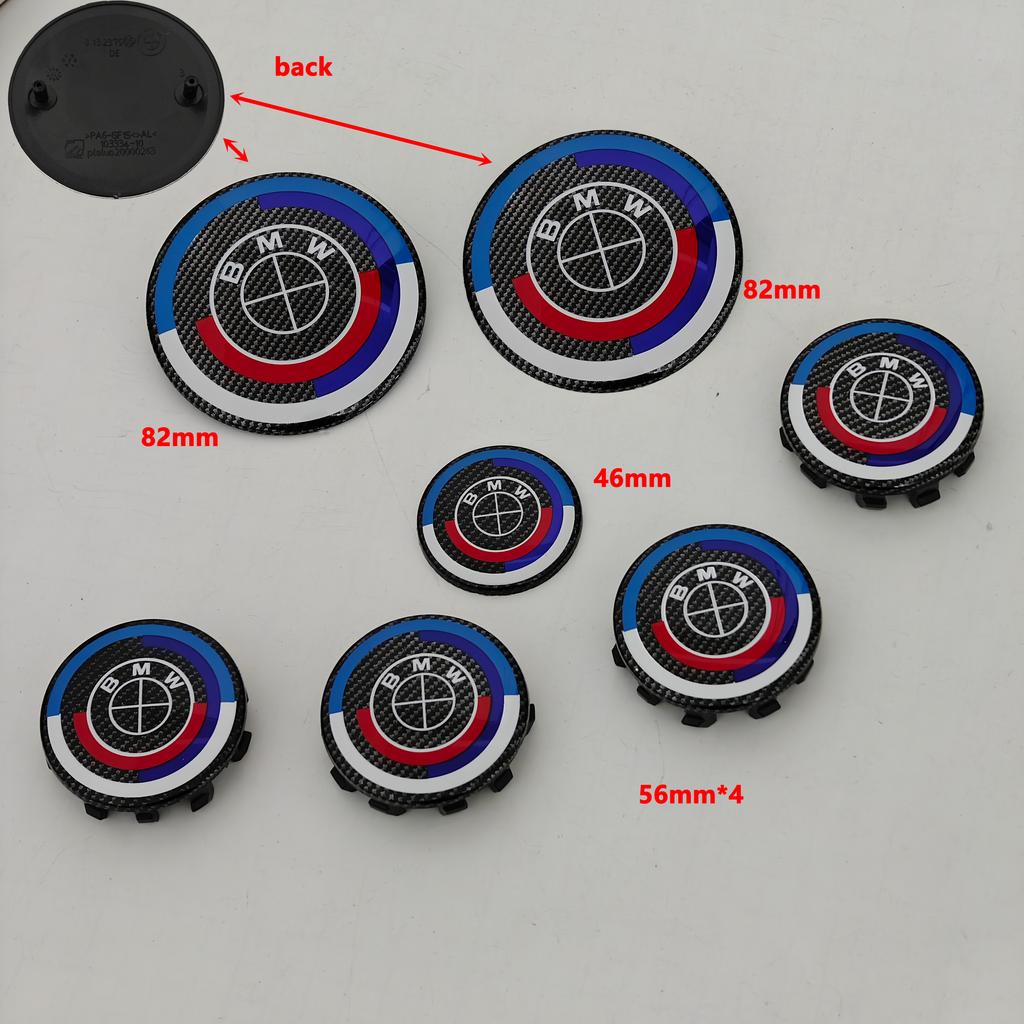 MLKQ6 Carbon Fiber Black Logo Front Hood Emblem 82mm+Rear Badge 74mm+Wheel Hub Cap 68mm/56mm+steering Wheel Sticker 45mm for All BMW