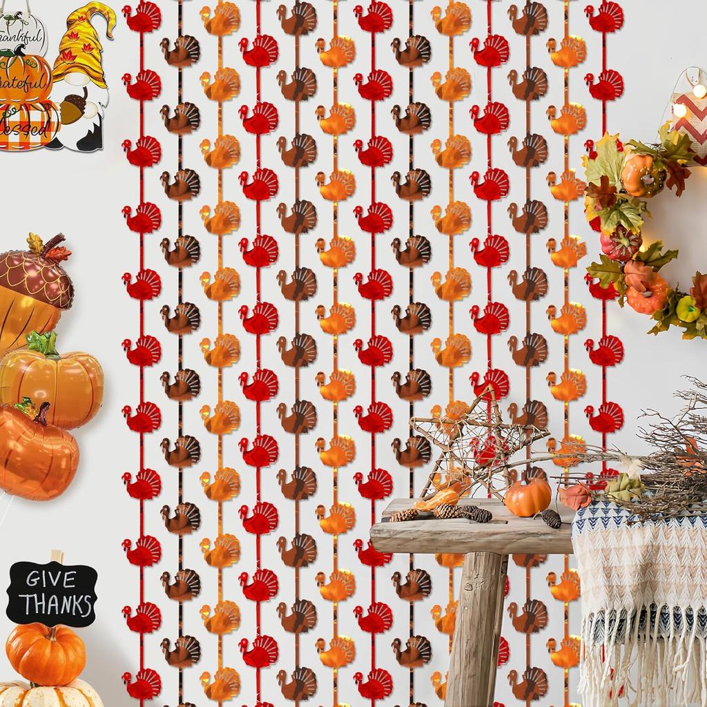 Thanksgiving Decorations, 2 Pack 3.3 x 6.6 Ft Red Orange Brown Turkey Metallic Tel Foil Fringe Curta Streamers Backdrop for Fall Thanksgiving