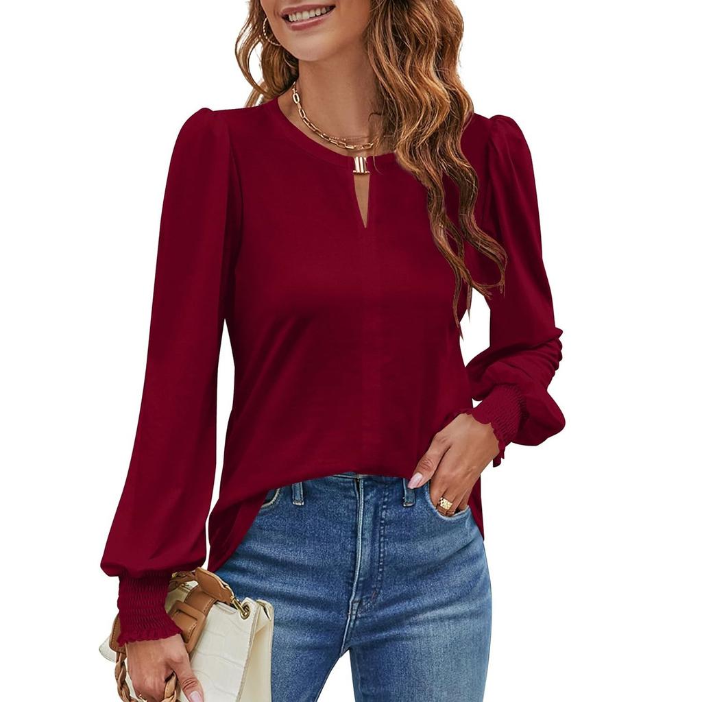 Fashion Women's Casual Tops Spring Long Sleeve V-Neck Locked Bubble Sleeve Range Cuffed Top T-Shirt Comfortable and Versatile T-shirt for Ladies
