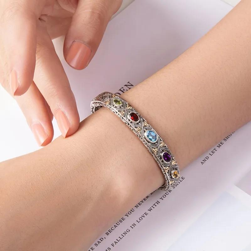 Luxury Inlaid Colored Gemstone Bracelet Fashionable Wedding Fine Couple Bangles Jewelry Gift For Girlfriend