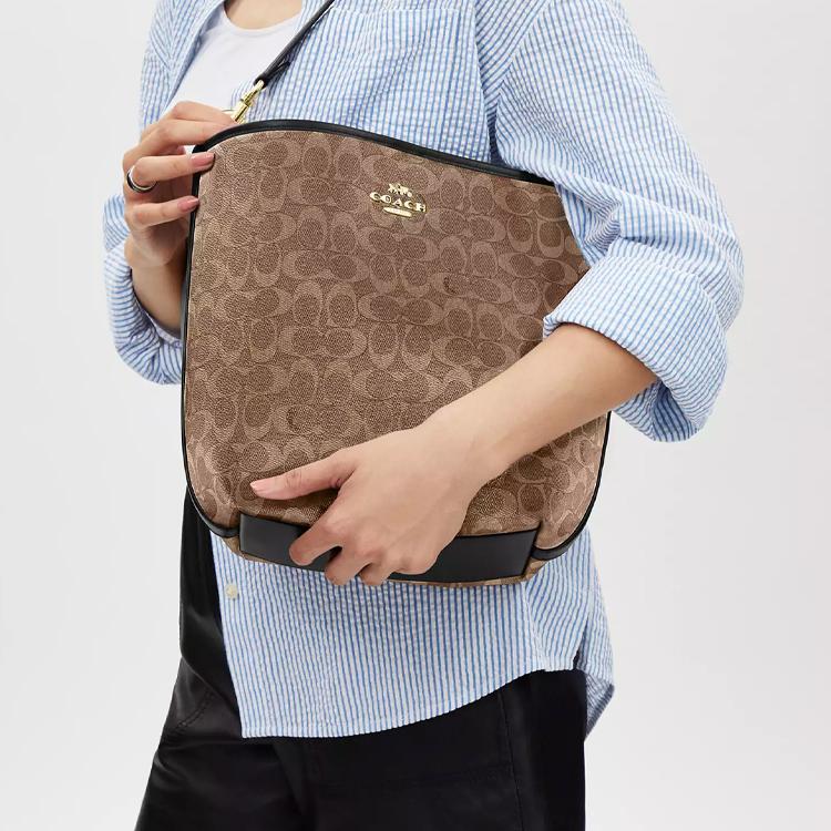 Coach Women's Signature Canvas Bucket Bag, Black & Tan Contrast Trim Shoulder Bag with Gold Hardware