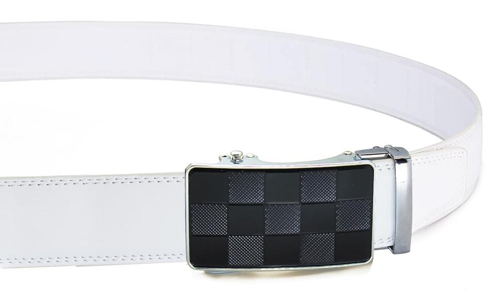 XsFireCow Stylish Black Leather with No for Business and Casual Wear White Golf Men's Auto-Lock Belt, Auto-Lock Buckle, Holes, 130cm, (02 Belt)