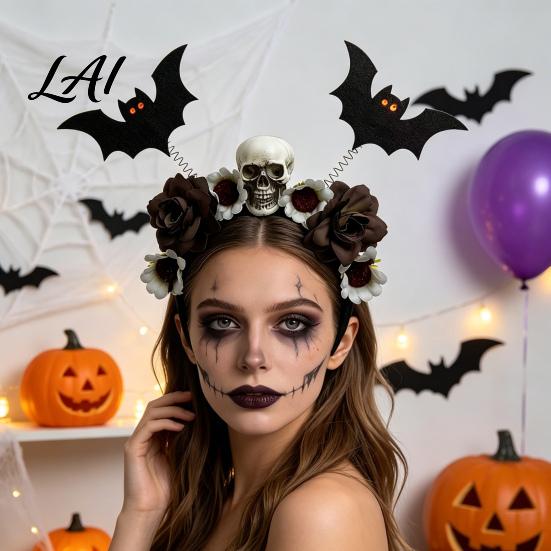 Fashionable Skull Hair Clips Halloween Flower Skeleton Bat Headband Gothic Floral Bands Spooky Bands for Party Accessory Lightweight No Slip