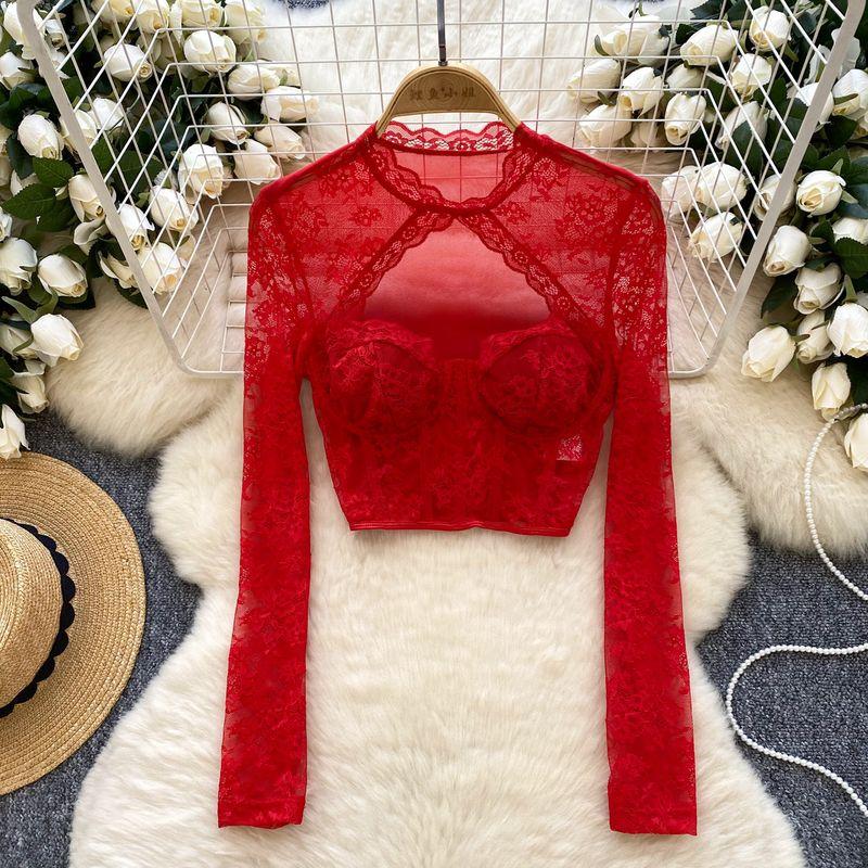 

French Sweet Lace Tops Women s Scheming Hollow-out Halter Sexy See-through Long-Sleeved, Slim-Fit, Short Crop Top Bottoming Shirt Red S