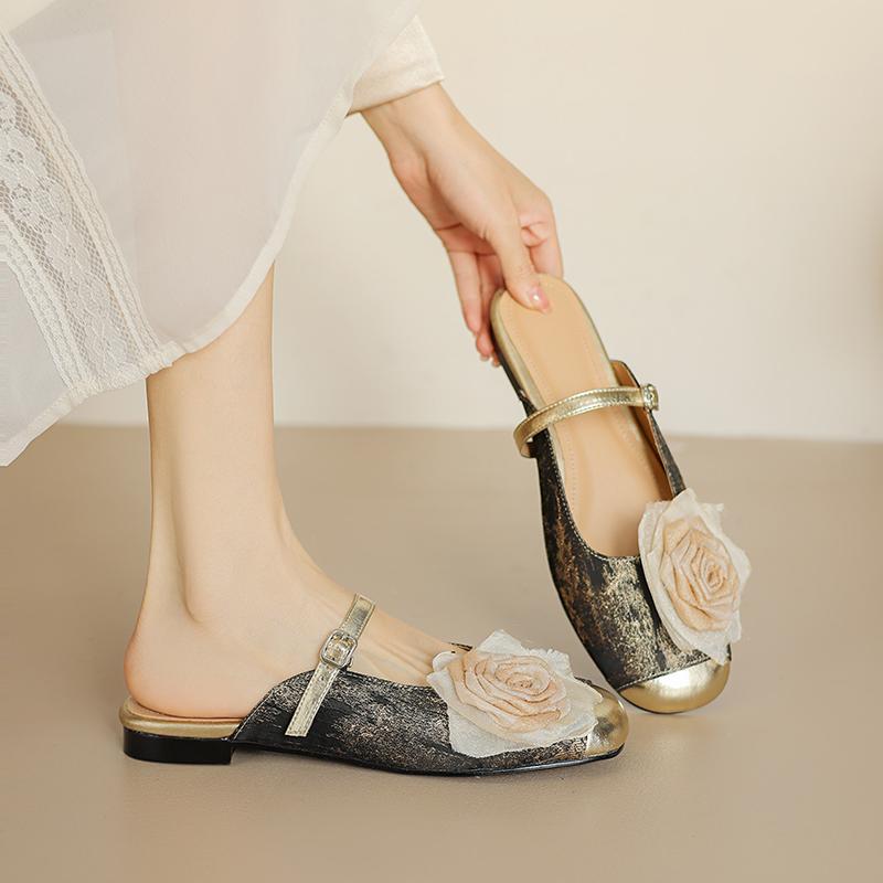 Fashion 2025 NEW Summer Women Mules Leather Shoes for Women Round Toe Low Heel Slippers Cover Toe Slingback Flower Sandals