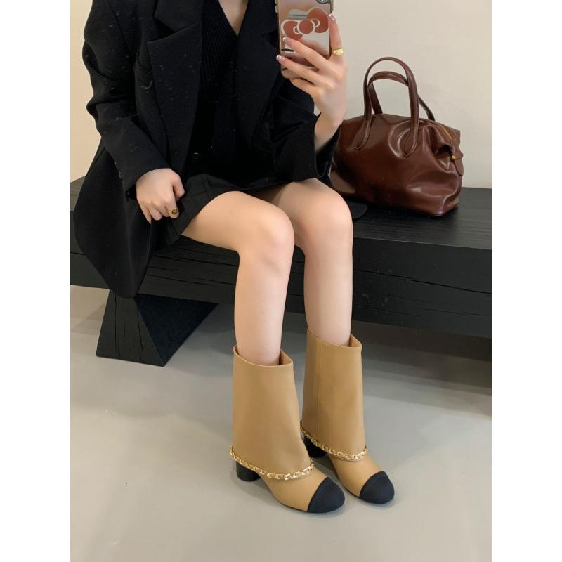 Xiaoxiangfeng Round Head Color Matching Knight Boots Autumn 2025 New Temperament Thick Heel Tube Pants Tube Boots Women