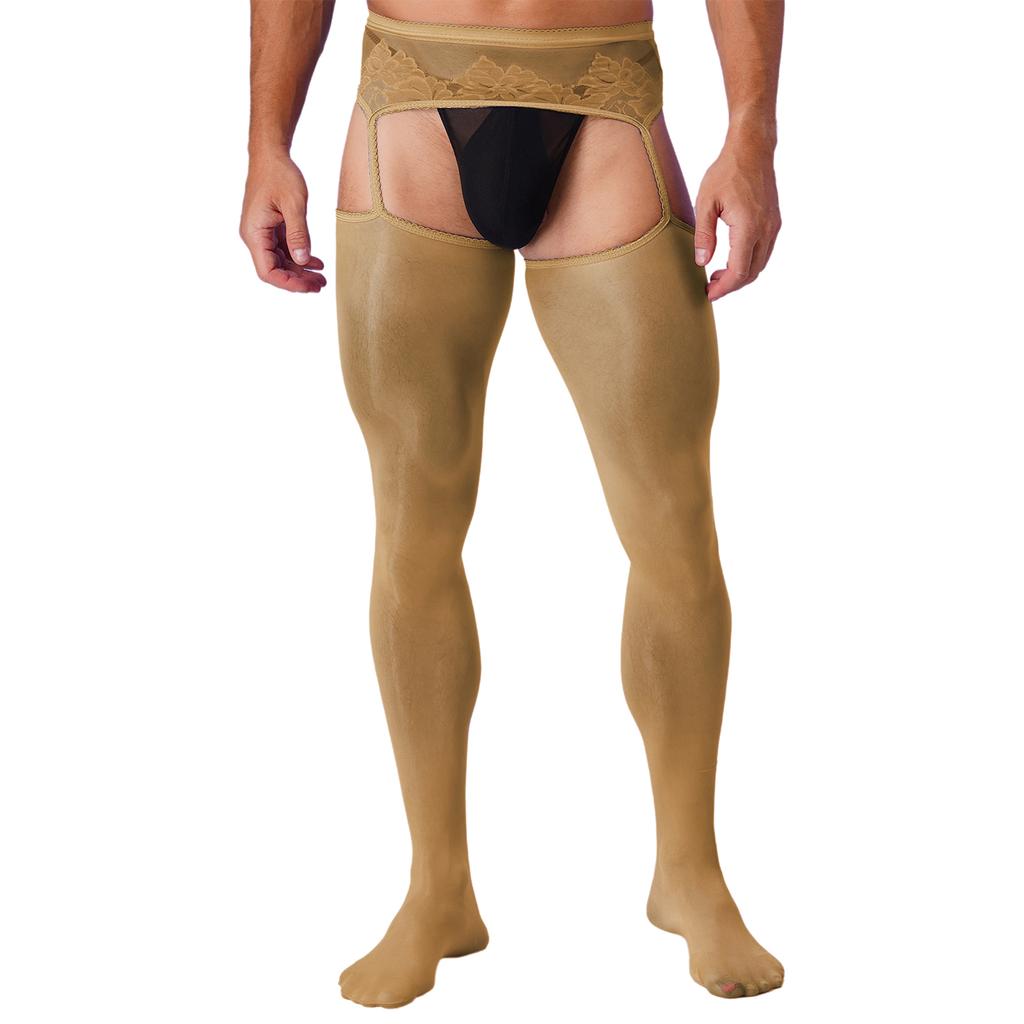 Mens Crotchless Pantyhose Floral Lace Design Open Leggings One Piece Garter Stockings Club Wear