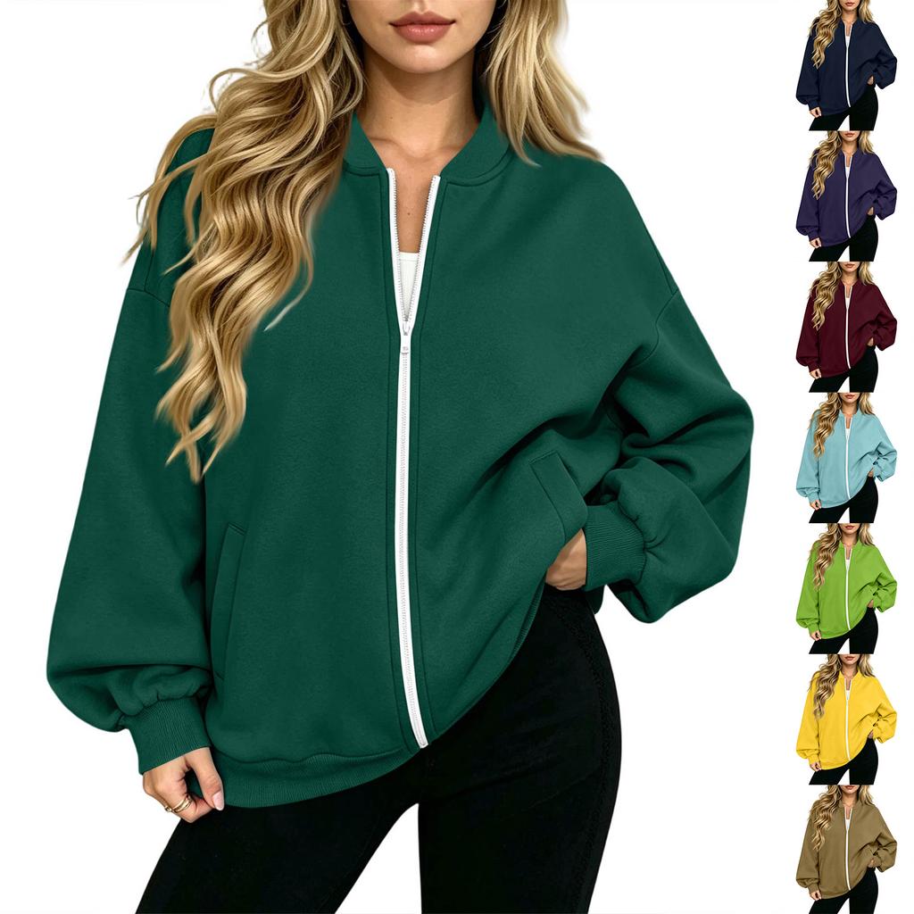 Women's Fashion Long Sleeve V-Neck Loose Fit Zip Up Jacket
