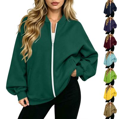 Women's Fashion Long Sleeve V-Neck Loose Fit Zip Up Jacket