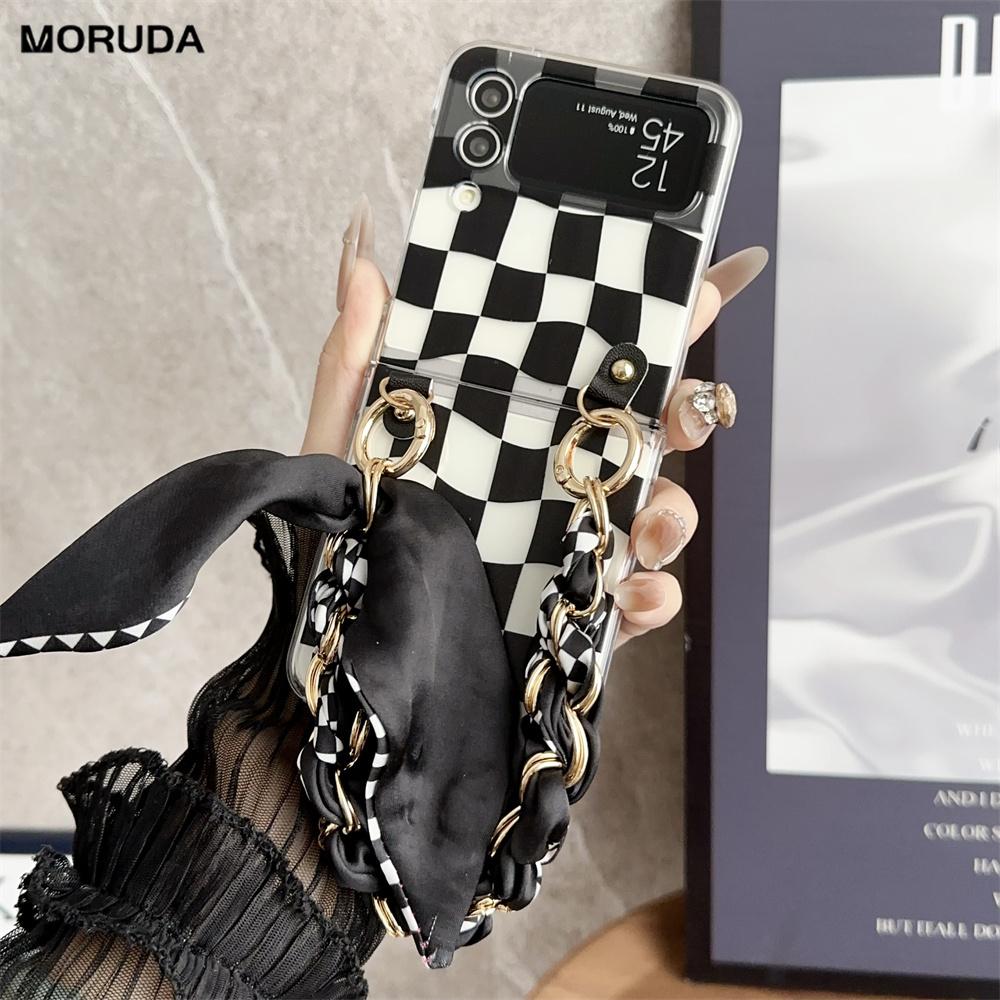 Elegant Scarves Hand Chain Case For Galax Z Flip 5 Necklace Strap Cover For Samsung Z Flip 4 Flip3 Black White Checkered Case