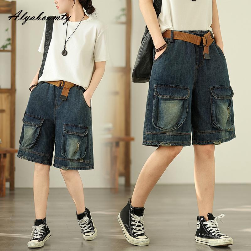 Korean Fashion Summer Women Casual Loose Capris Elastic Waist Dark Blue Denim Pants Vintage Washed Cotton Short Jeans With Belt