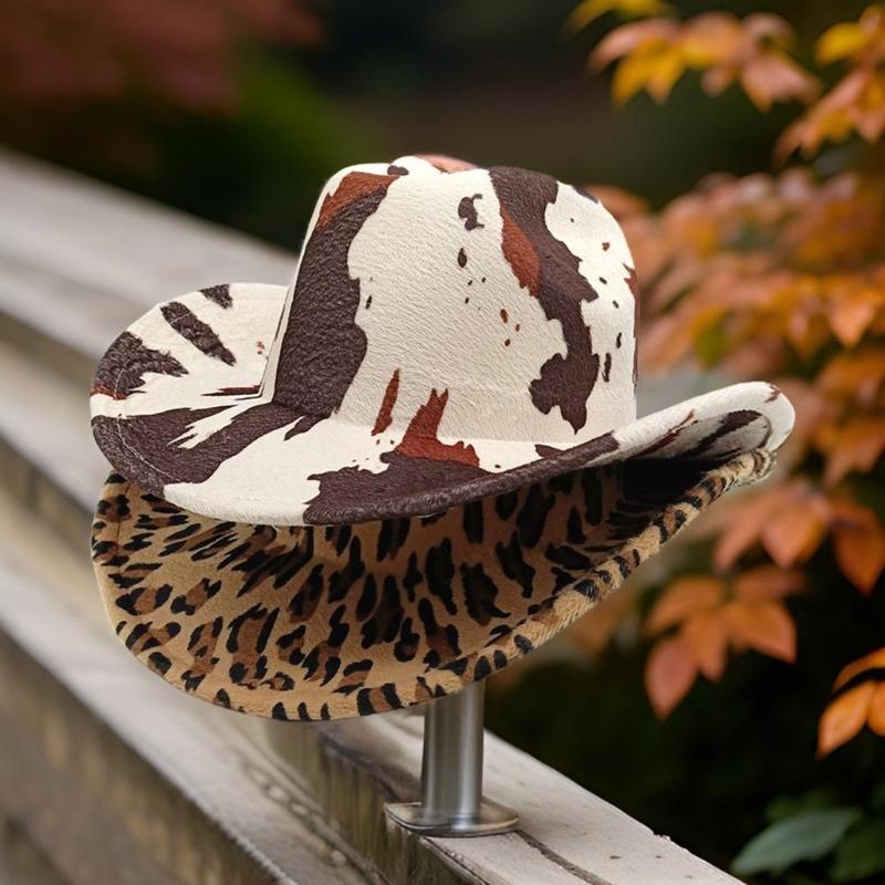 Elegante Cappello a Cilindro Stile Western con Ampia Falda Fedora con Fantasia Leopardata per Donne Uomini Unisex Copricapo Vintage per Feste