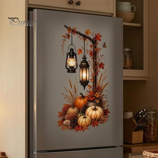 Thanksgiving Window Clings Autumn Pumpkin Street Lamp & Maple Leaves Wall Sticker, Waterproof PVC Fall Harvest Atmosphere Decor Decal, Decorative Peel