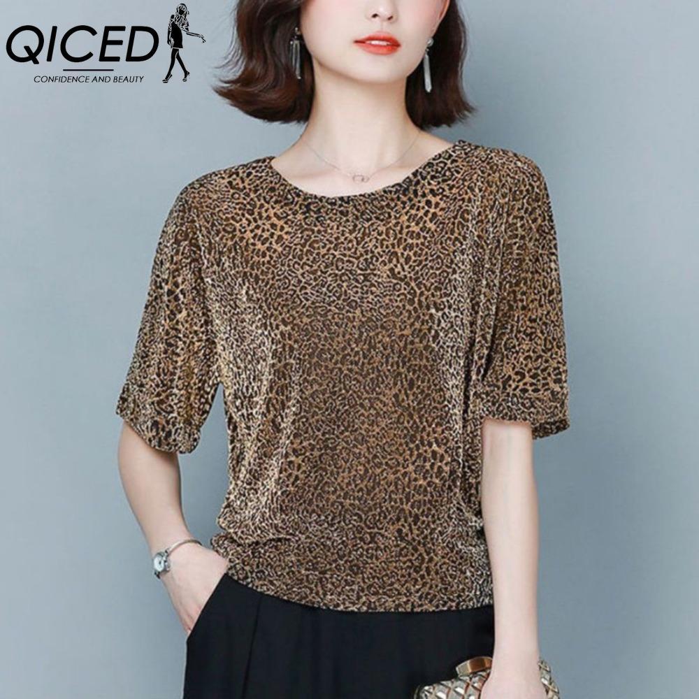 

QICED Женская Мода Повседневный Леопардовый Принт Короткий Рукав О-образный Вырез Блузки и Рубашки XXXXXL жёлтый