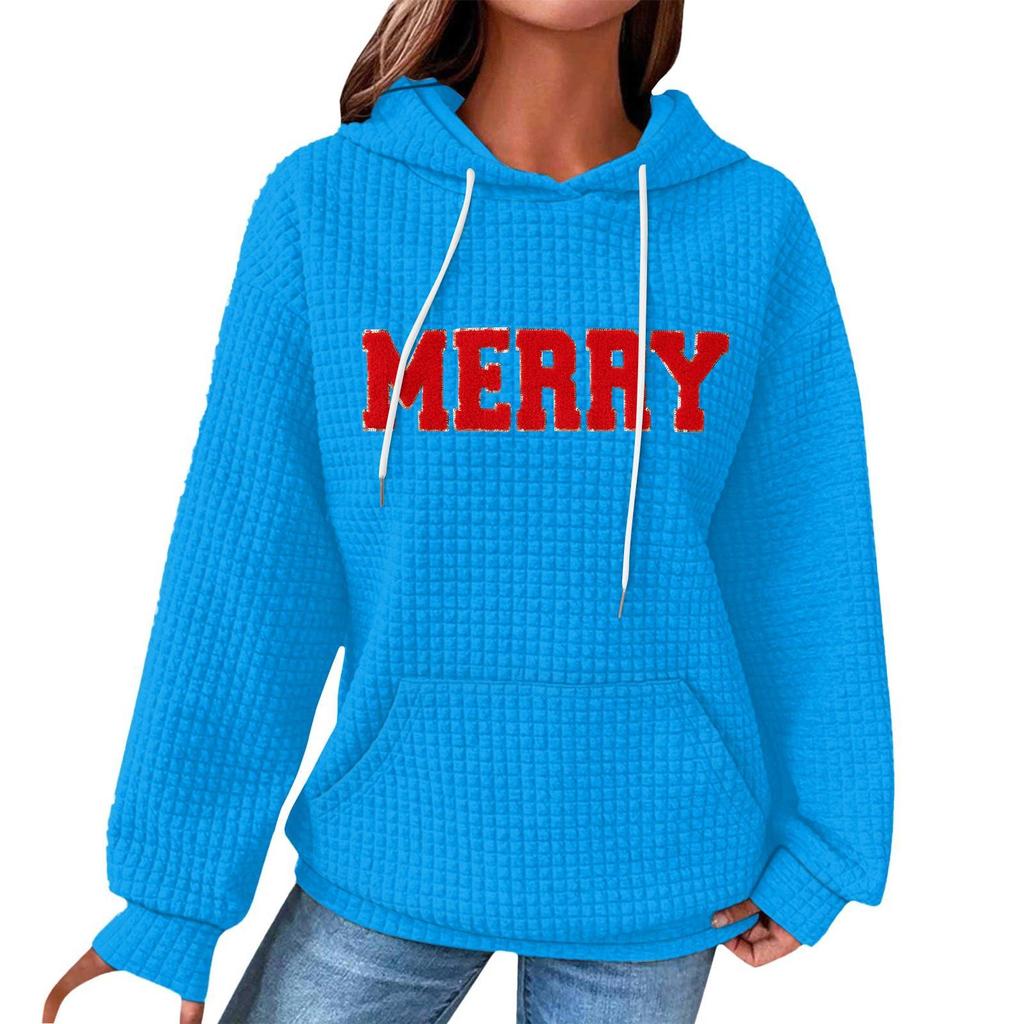 Women's Fashion Loose Hooded Pullover Long Sleeve Plaid Sweatshirt With Drawstring, Drop Shoulder, Pocket, Christmas Print Top