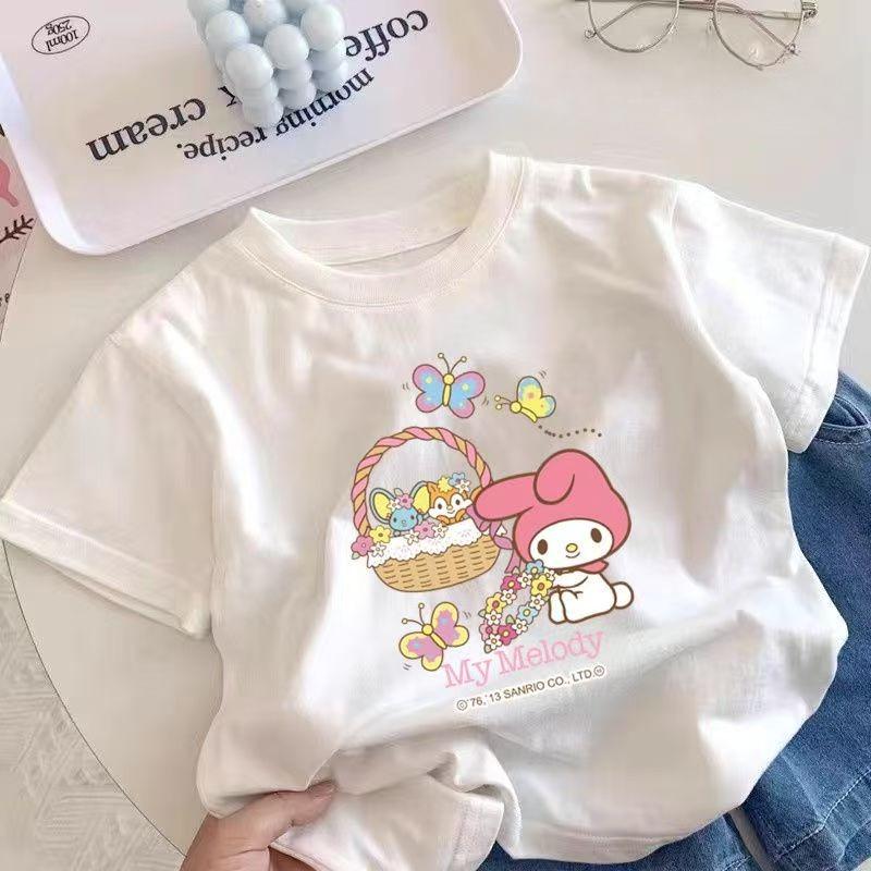 

Sanrios 2026 Summer New Design My Melody Graffiti Cartoon Print Pure Cotton Breathable Childrens ShortSleeved TShirt S