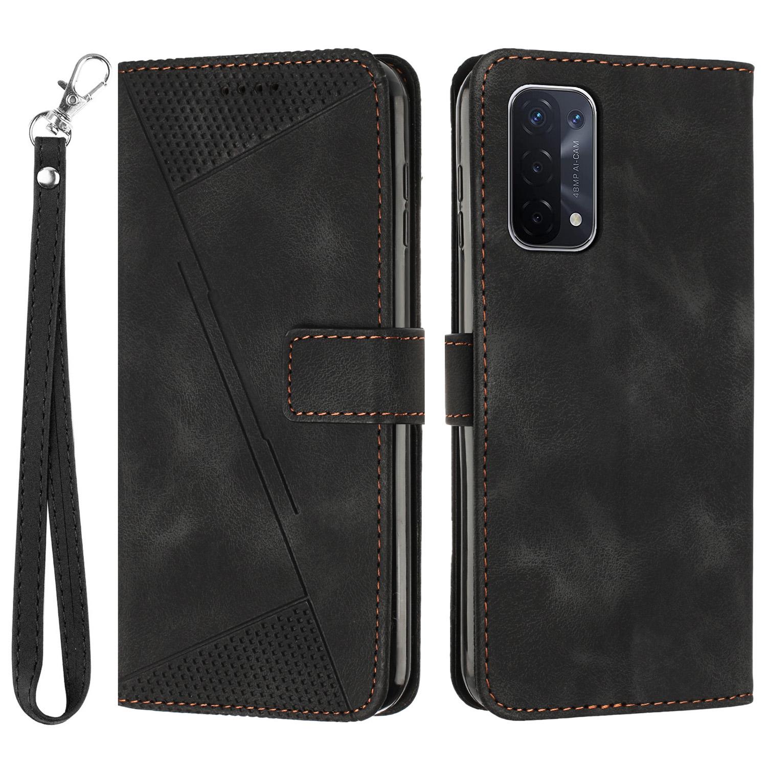 

For Oppo A74 5G/A93 5G/A54 5G Folding Stand Wallet Mobile Case Triangle Imprint Leather Cover with Strap Black