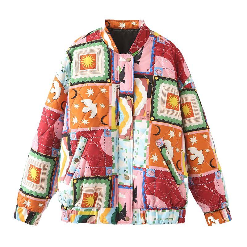 

Colorful Happy Wear American Ins Retro Lazy Style Fashionable Graffiti Color Matching Overfit jacket Cotton-Padded Coat Outerwear Ethnic style color matching XL