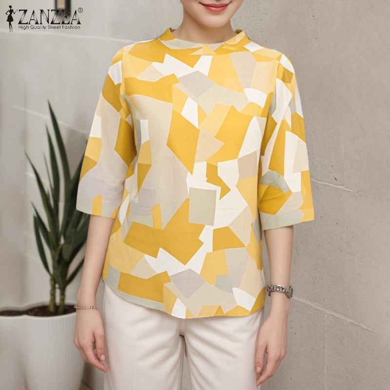ZANZEA Women Casual Round Neck Loose Half Sleeve Print Blouse